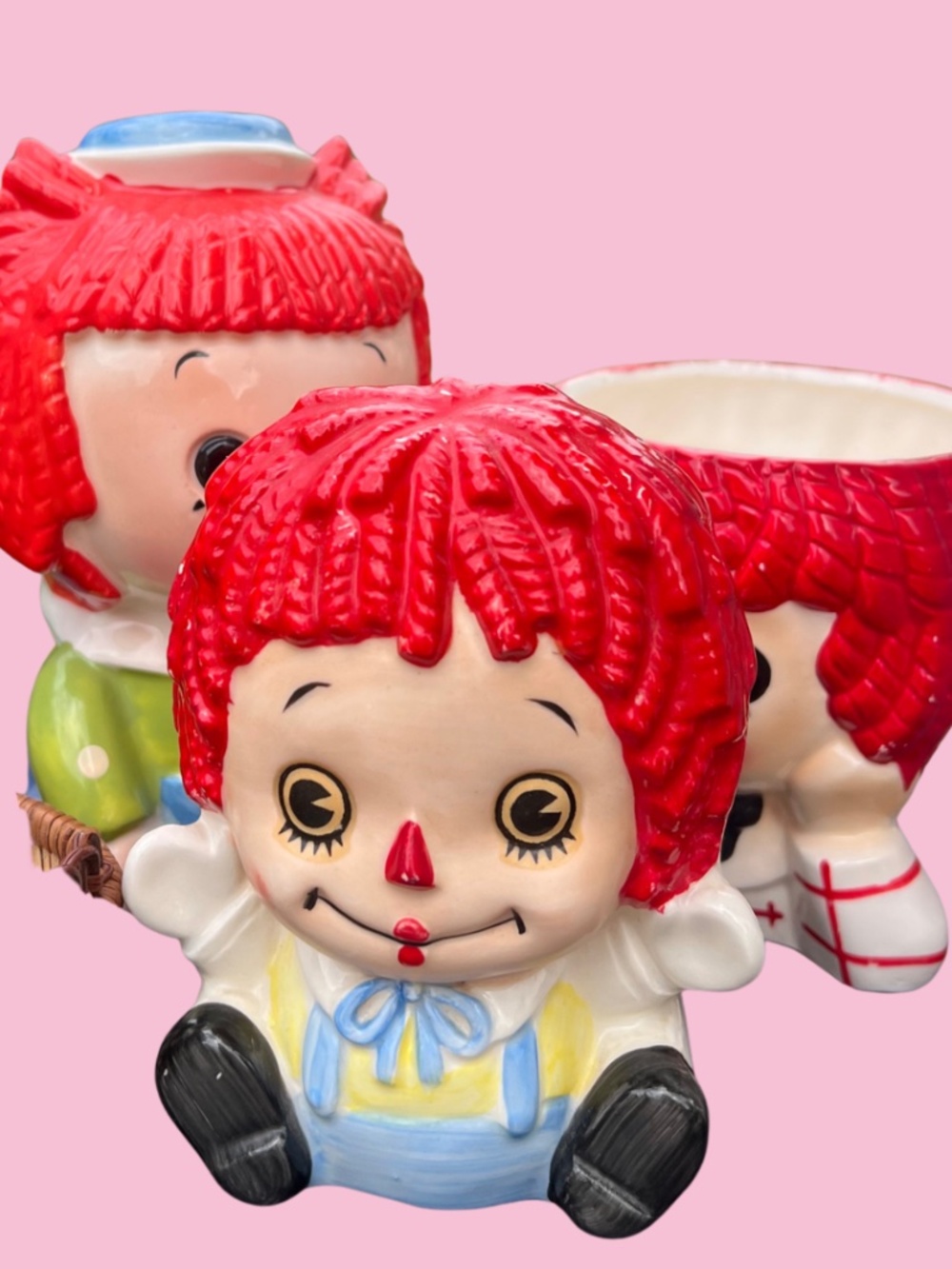Vintage Raggedy Ann & Raggedy Andy Planter / Vase Lot Of Three